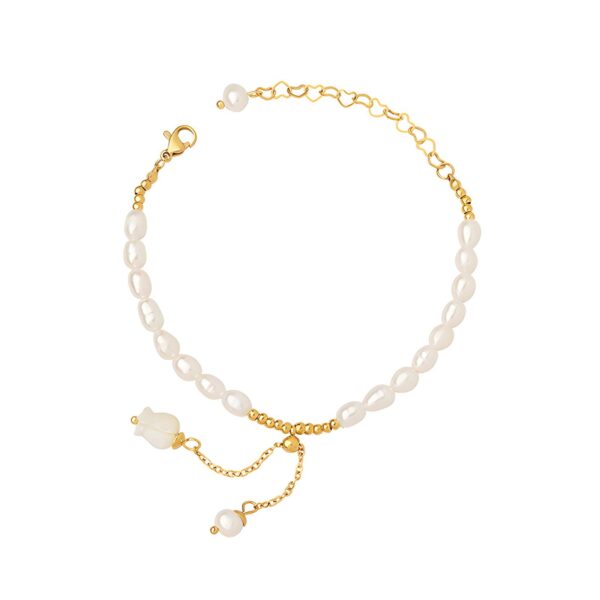 18K GOLD PLATED STAINLESS STEEL "OMA" PEARL FLOWER BRACELET <p style="font-size:14px;color:#afeeee"> 1BO74-b </p>